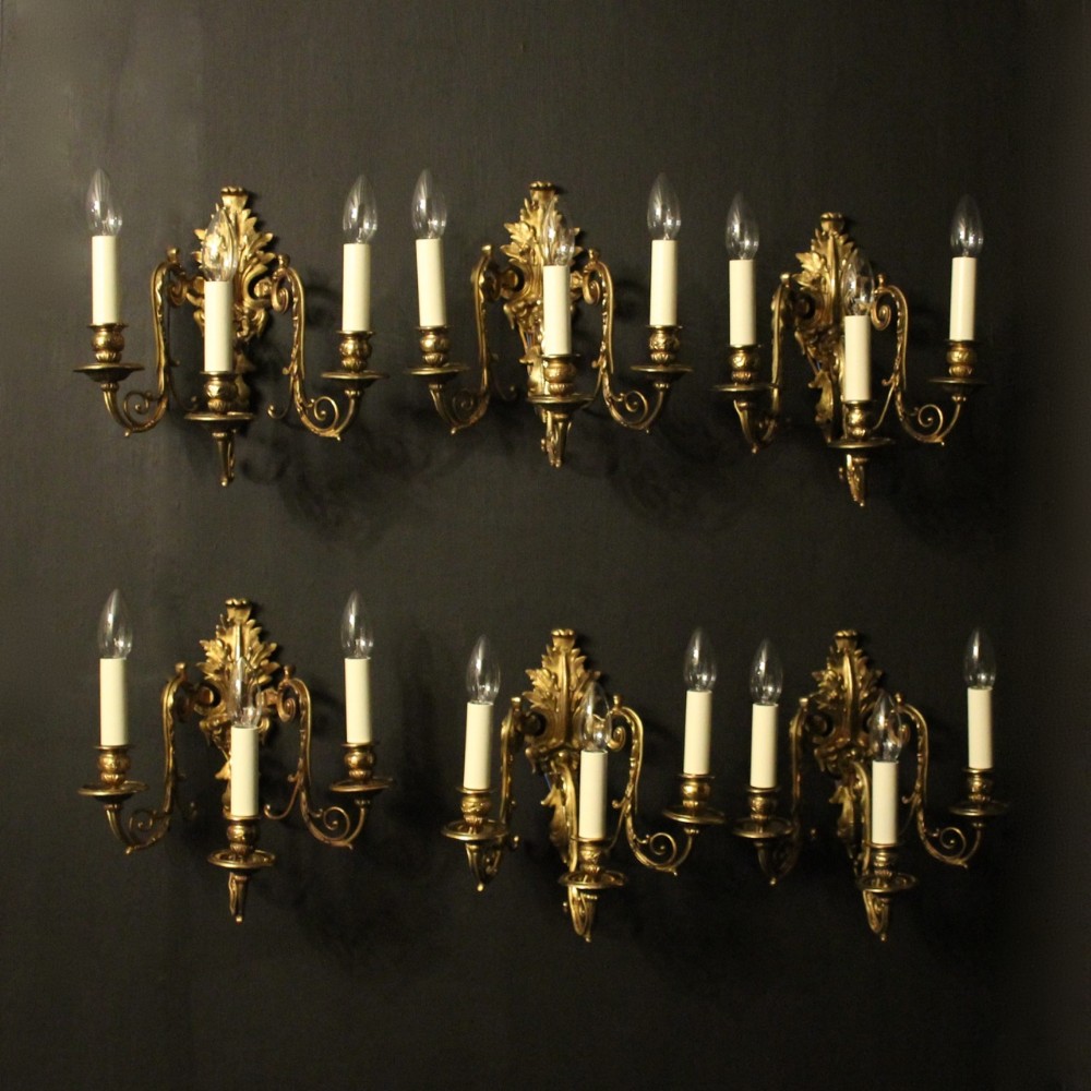 French 19th Century Set Of 6 Bronze Triple Arm Wall Lights