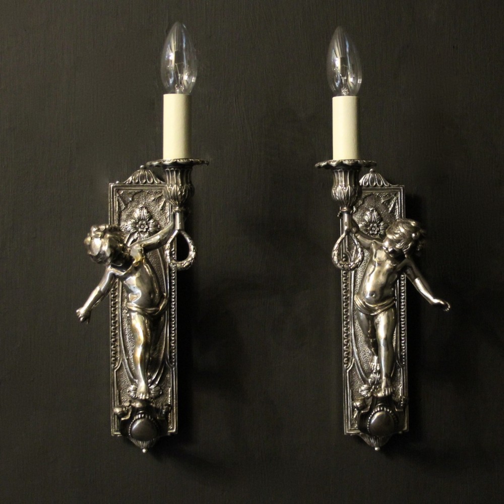 French Pair Of Silver Cherubs Antique Wall Lights