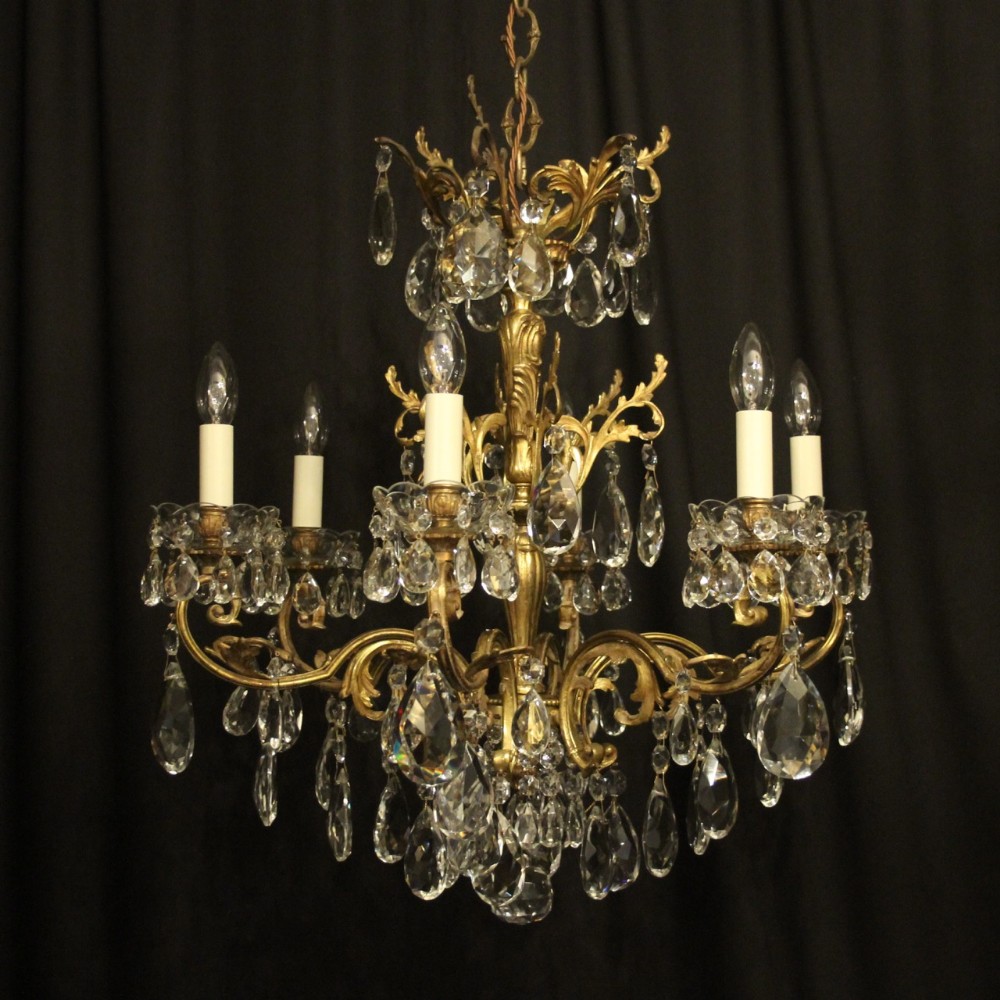 Italian Gilded Bronze & Crystal 6 Light Antique Chandelier
