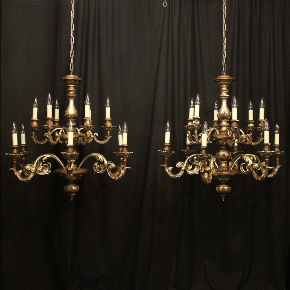 Florentine Polychrome Pair Of 12 Light Double Tiered Chandeliers