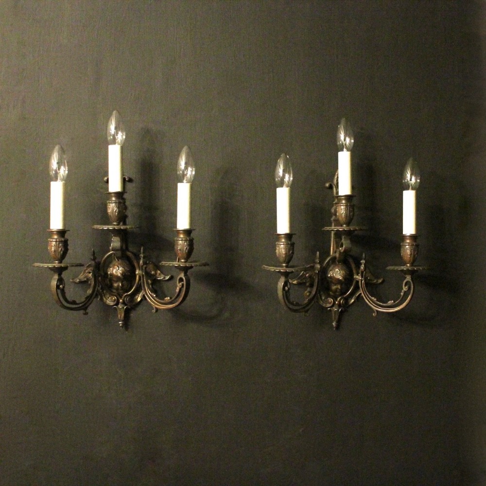 French Pair Of Bronze Cherub Antique Wall Sconces