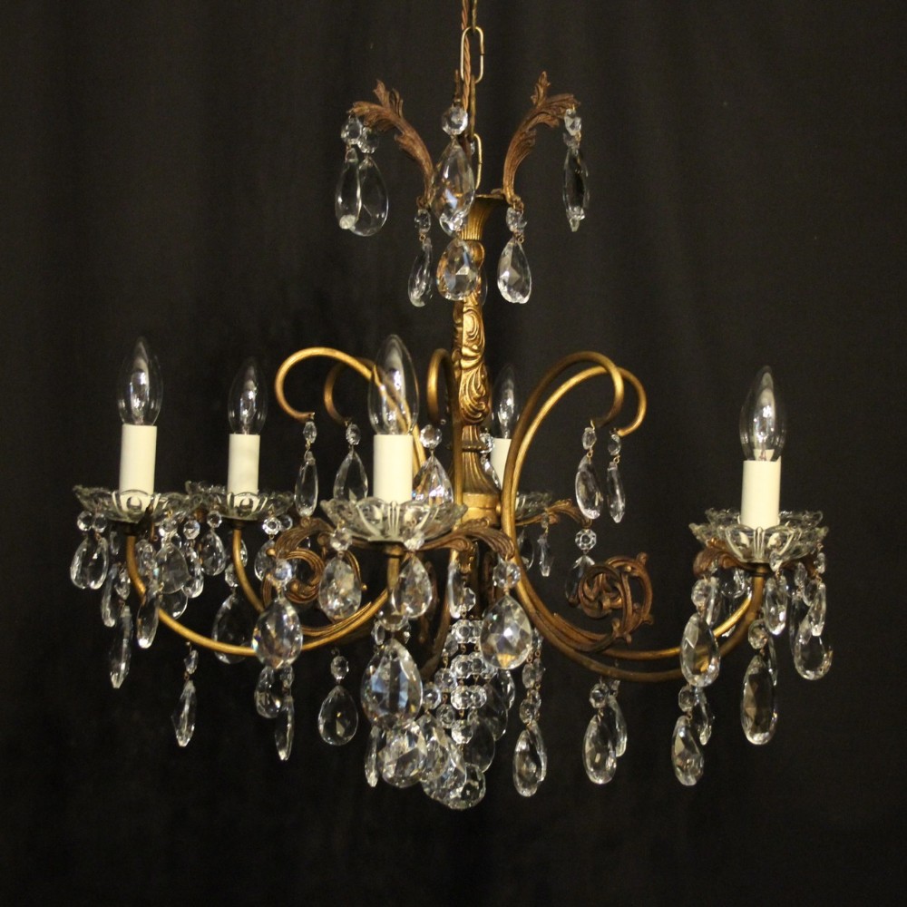 Italian Gilded & Crystal 6 Light Antique Chandelier