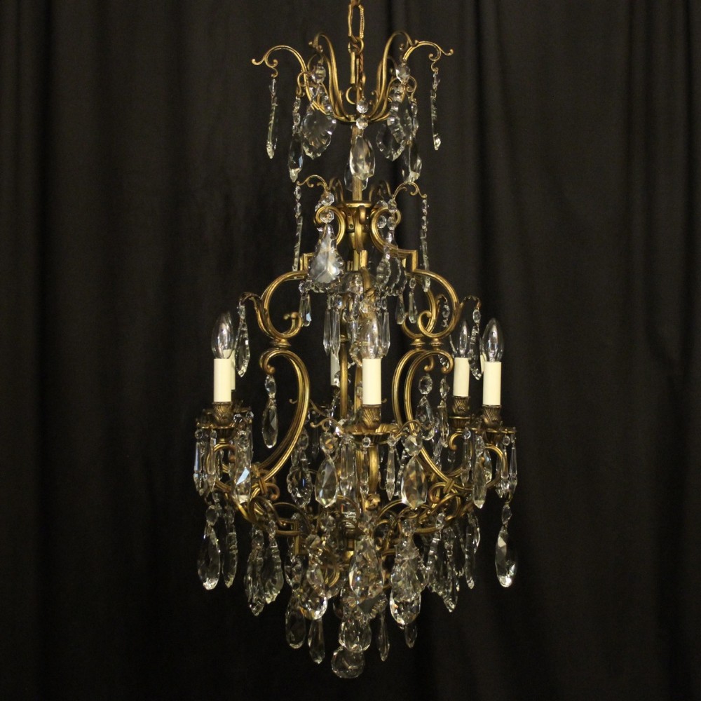 French Gilded Bronze & Crystal 7 Light Birdcage Antique Chandelier