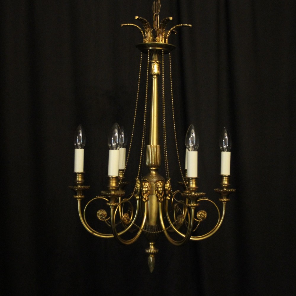 French Gilded Female Mask 6 Light Antique Chandelier