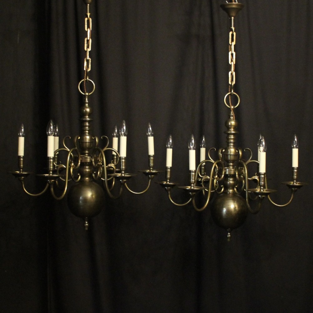 English Pair Of Bronze 6 Light Antique Chandeliers