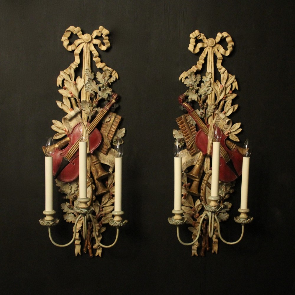 Italian Large Pair Of Polychrome Triple Arm Wall Lights