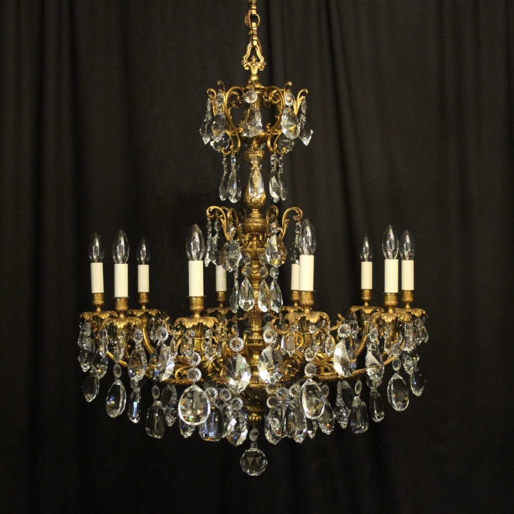 French Gilded Bronze & Crystal 10 Light Antique Chandelier