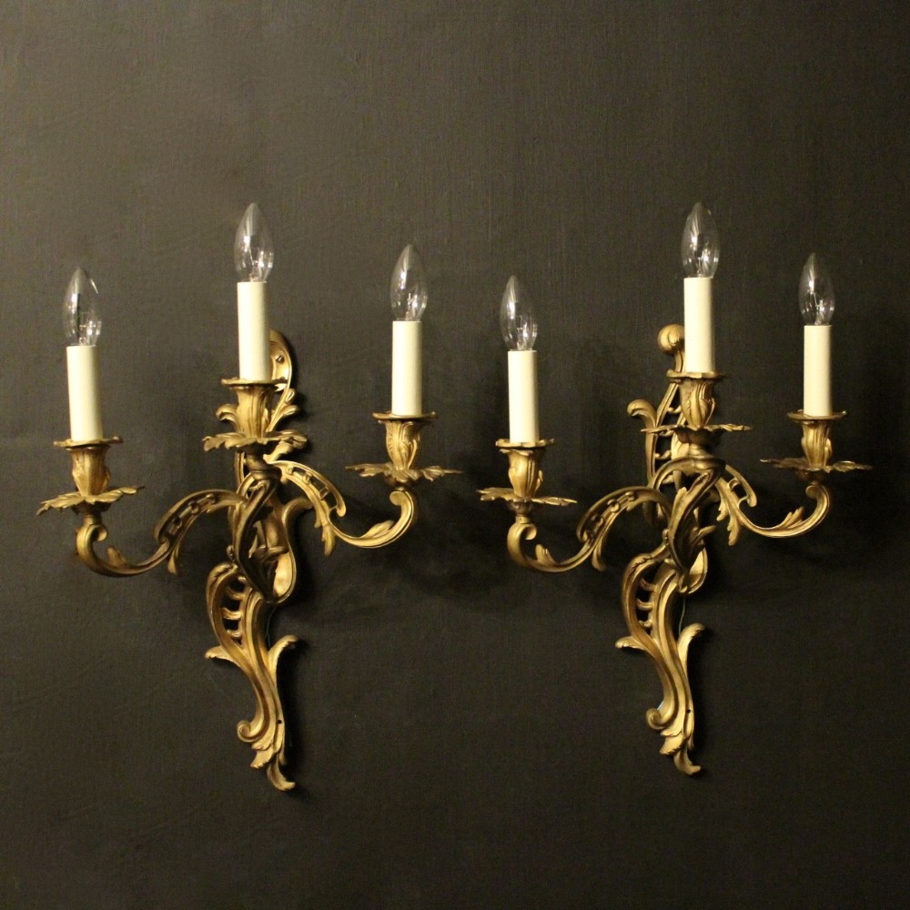 French Pair Of Gilded Triple Arm Antique Wall Lights