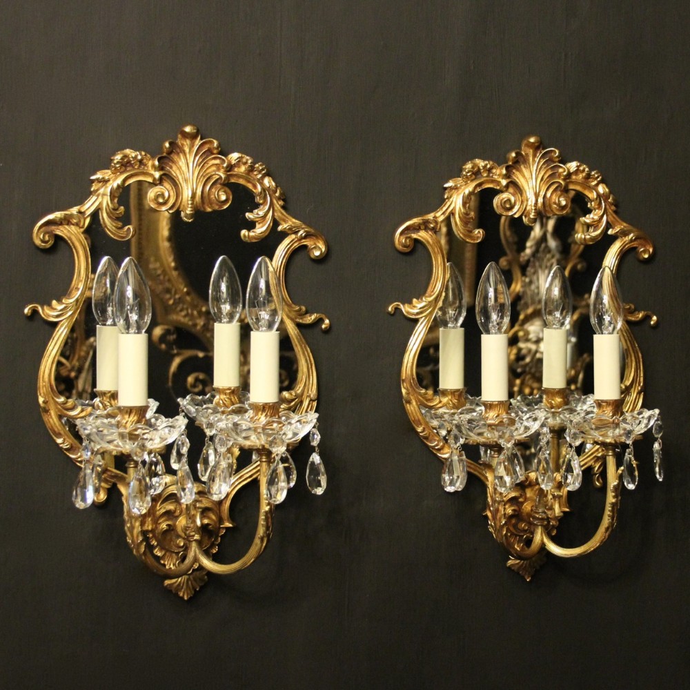 Italian Pair Of Bronze & Crystal Antique Girandoles