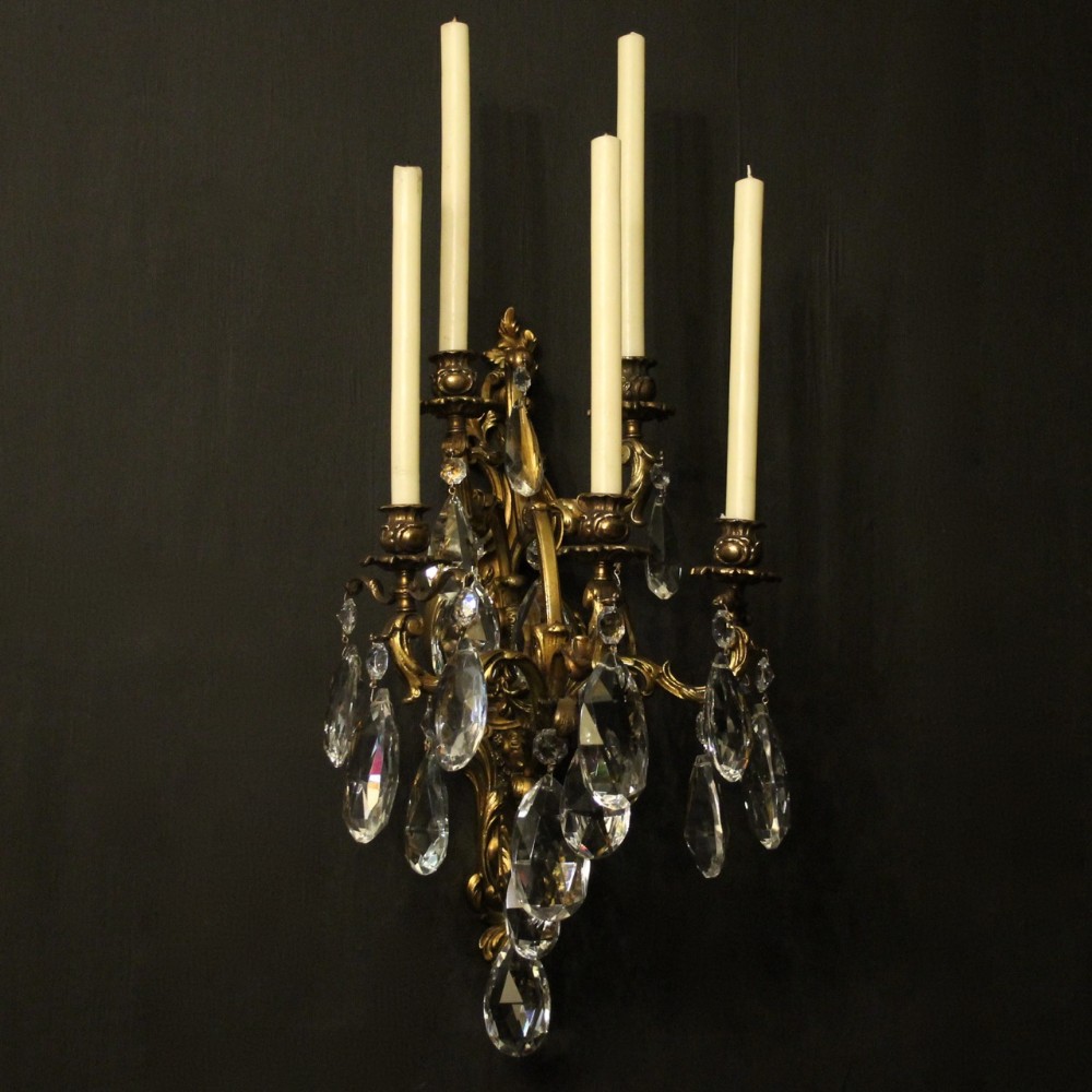 French Gilded Bronze & Crystal Antique Wall Sconce