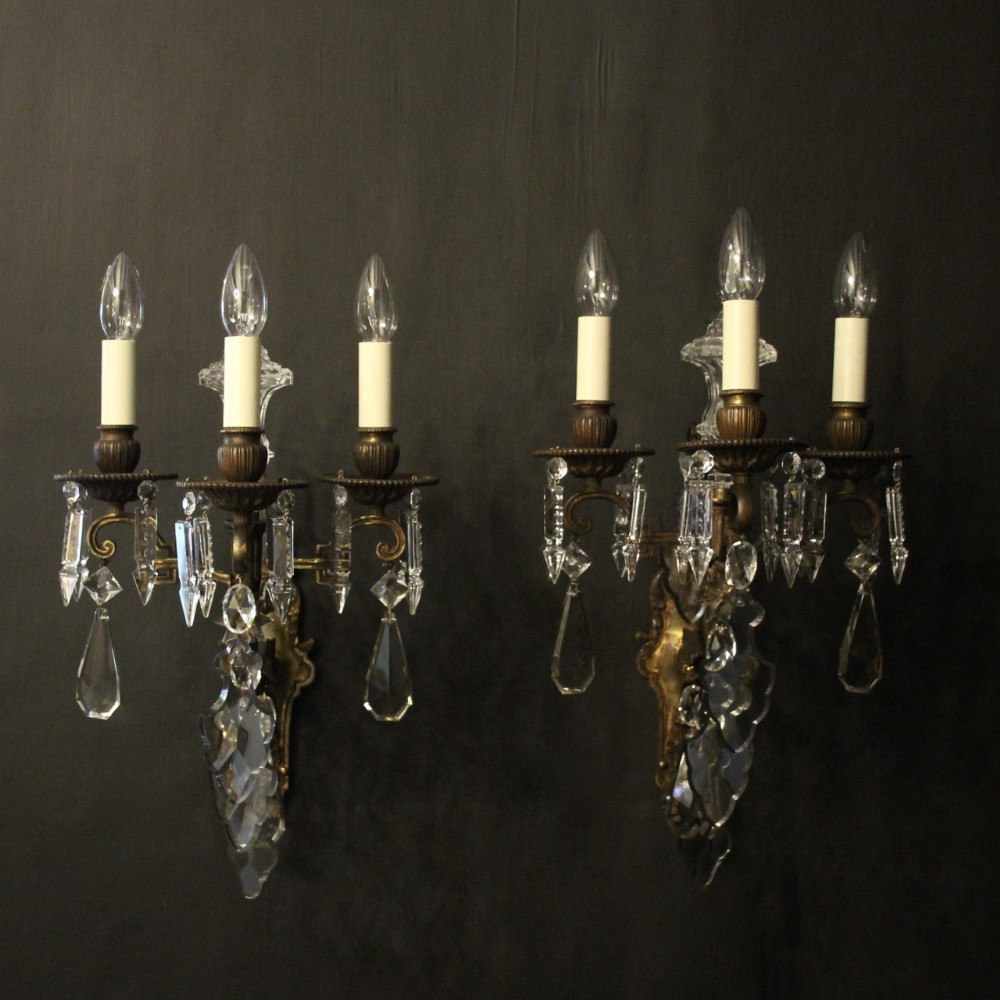 French Pair Of Gilded Bronze & Crystal Triple Arm Wall Lights