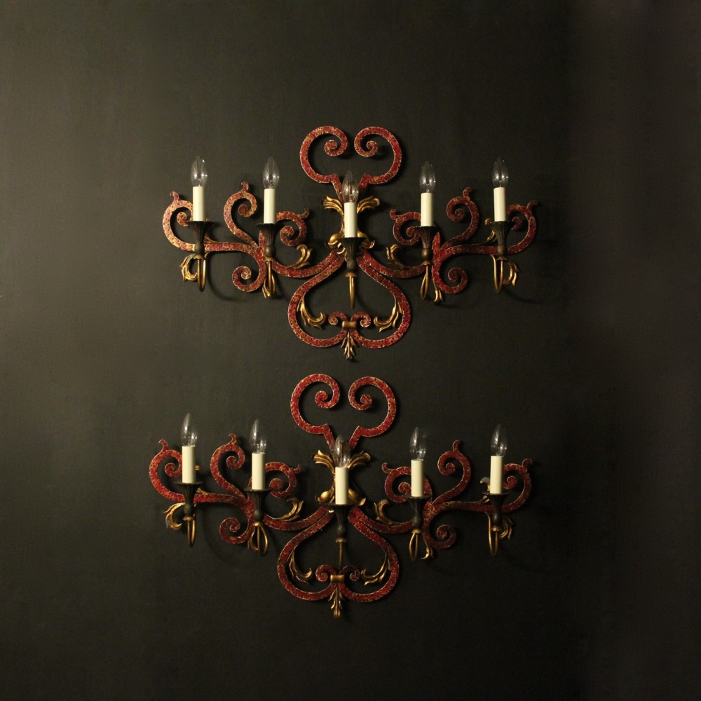 Italian Pair Of Toleware 5 Arm Wall Lights