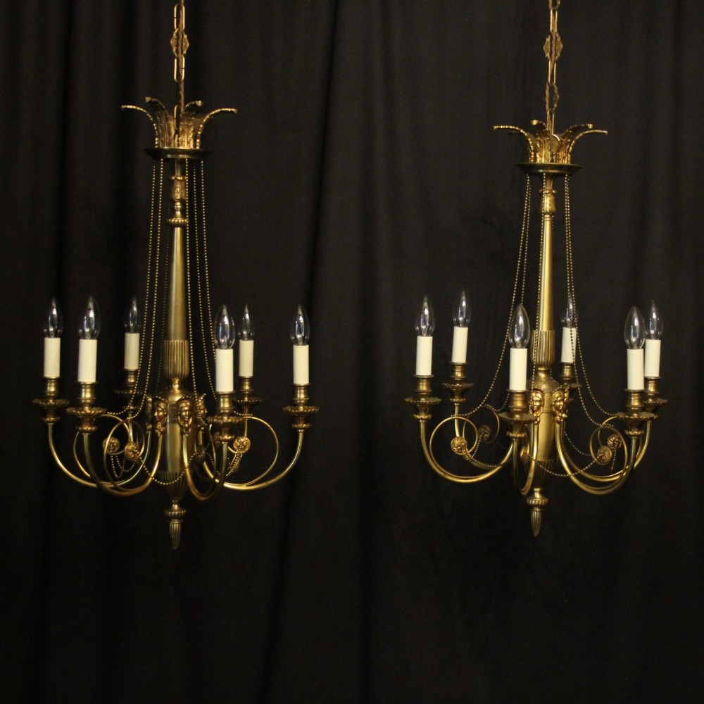 French Gilded Pair 6 Light Antique Chandeliers