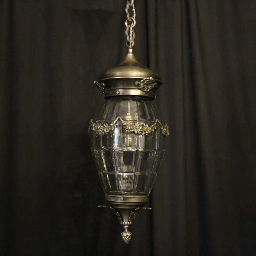French Silver Gilded Glass Antique Lantern