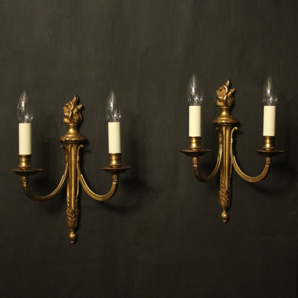French Pair Gilded Brass Twin Arm Antique Wall Lights
