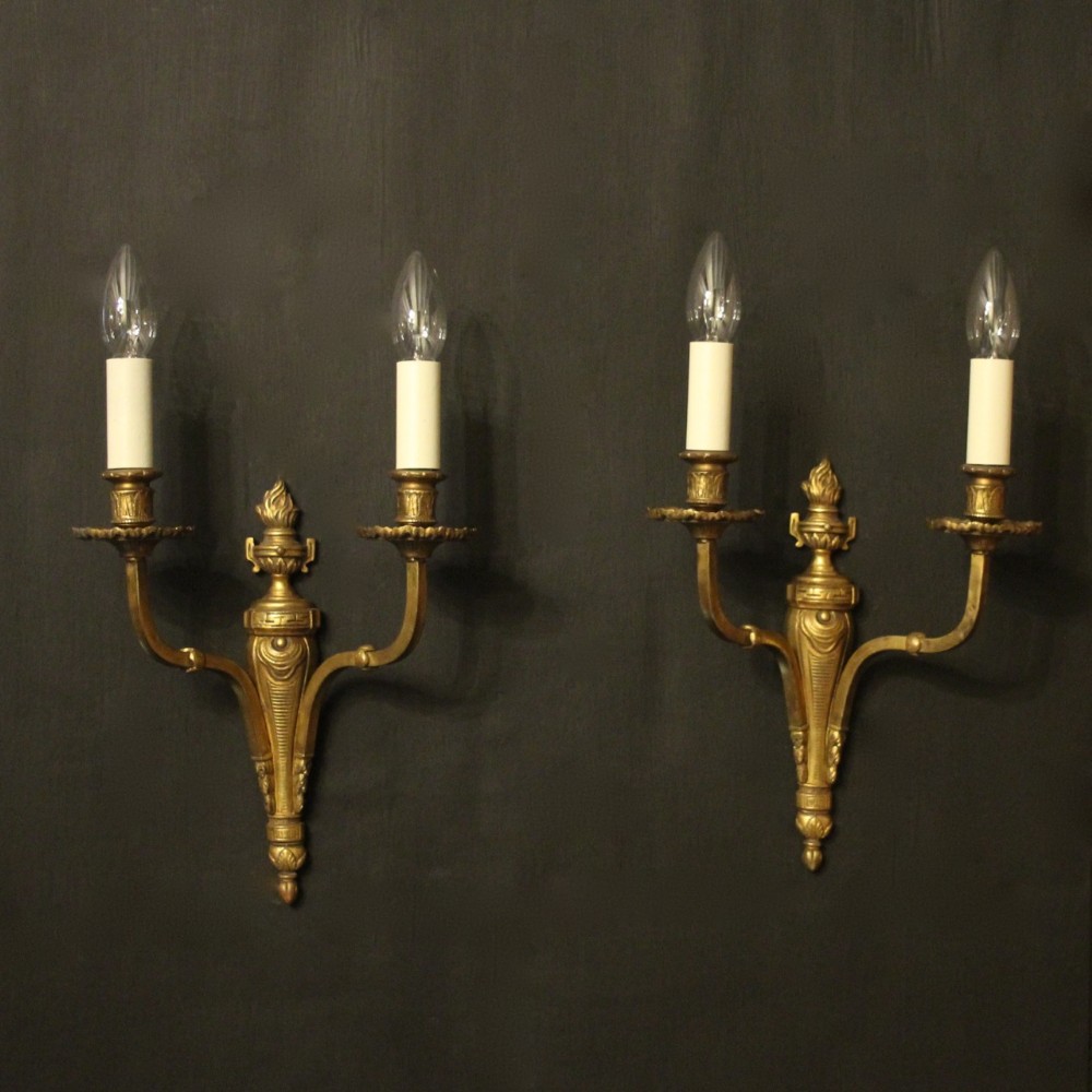 French Pair Of Twin Arm Gilded Brass Antique Wall Lights
