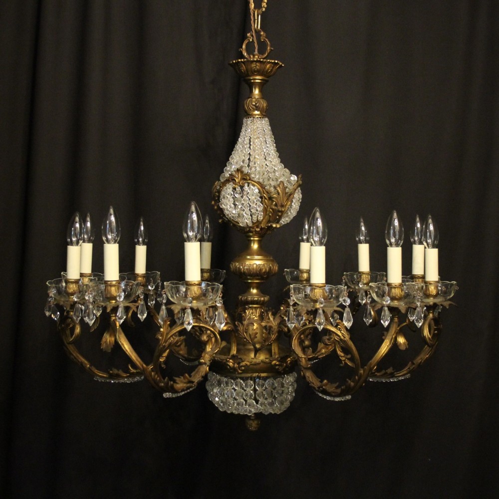 Italian 12 Light Gilded Bronze & Crystal Antique Chandelier