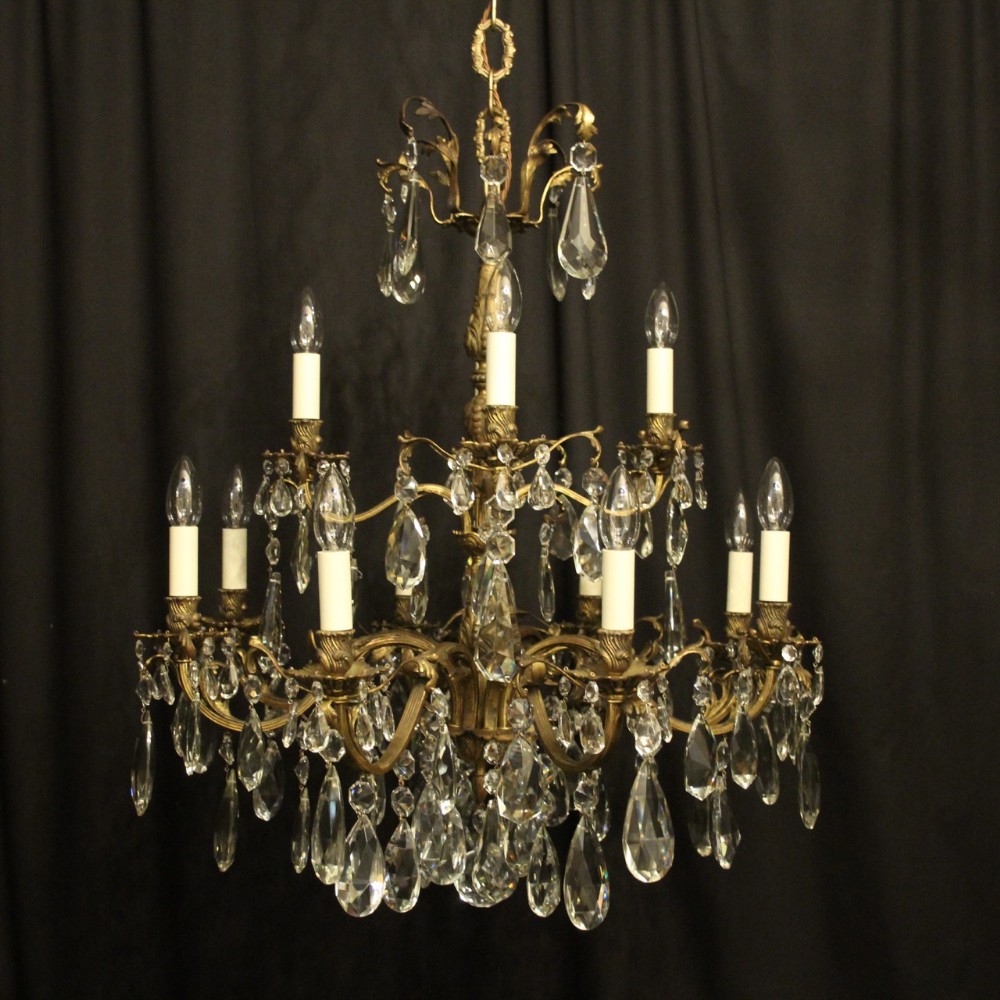 Italian Gilded Bronze & Crystal 12 Light Antique Chandelier