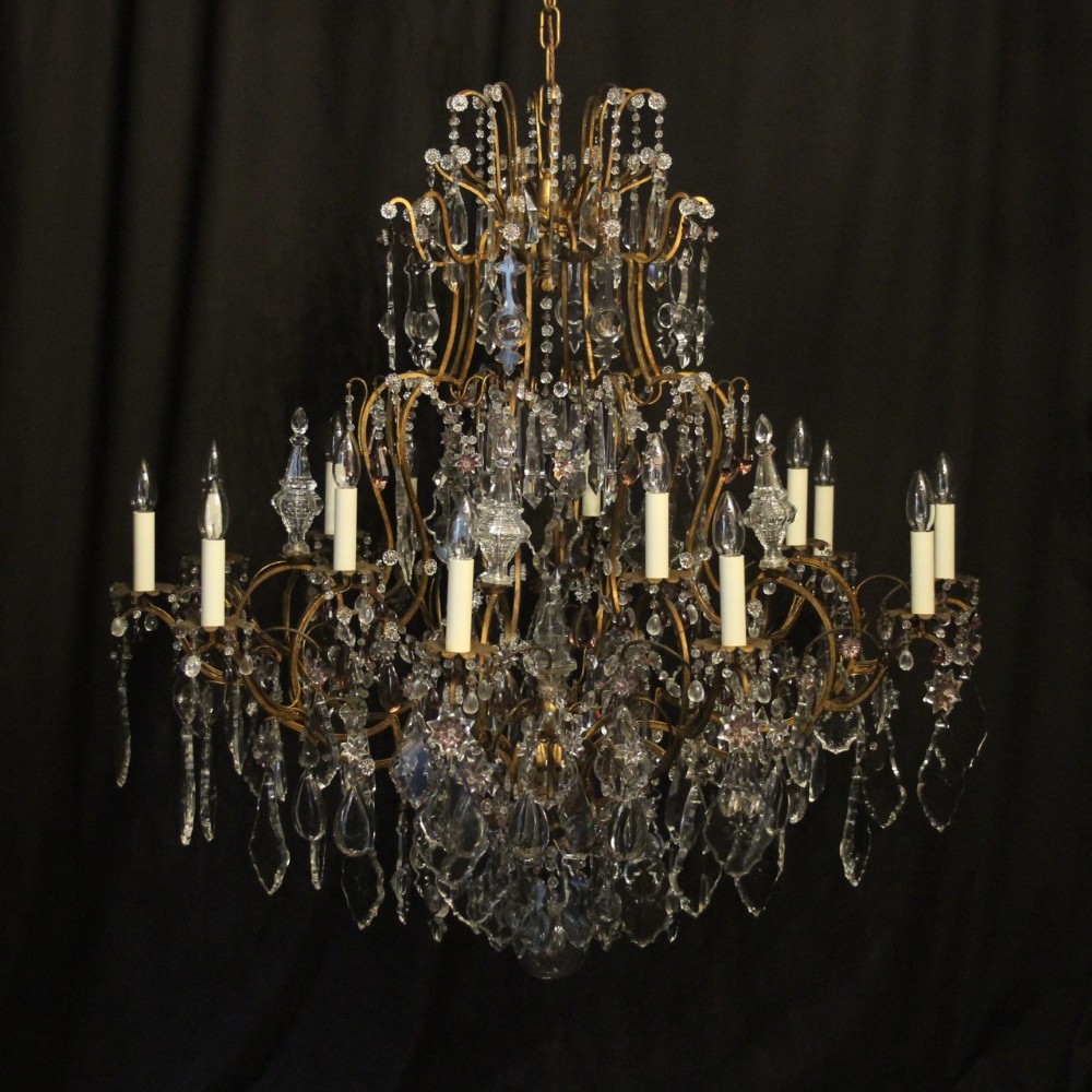 French Large Gilded & Crystal 15 Light Antique Chandelier