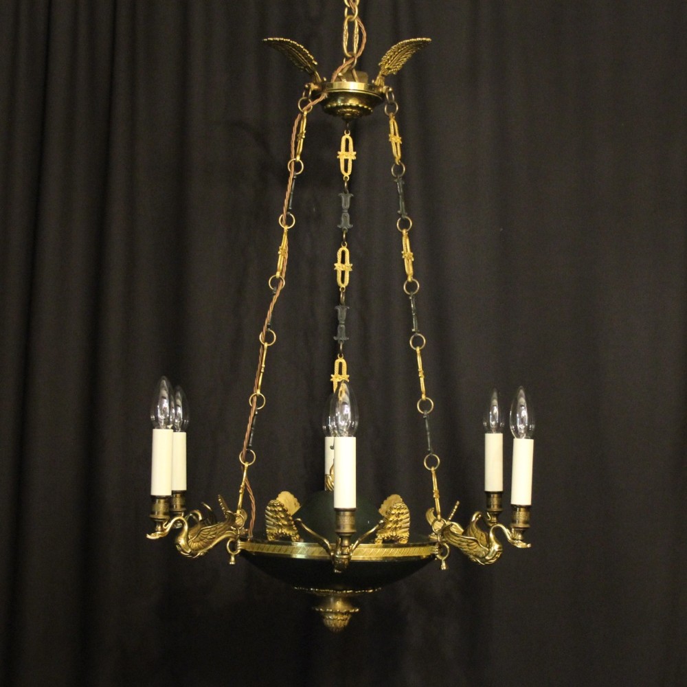 French Gilded Brass Empire 6 Light Antique Chandelier