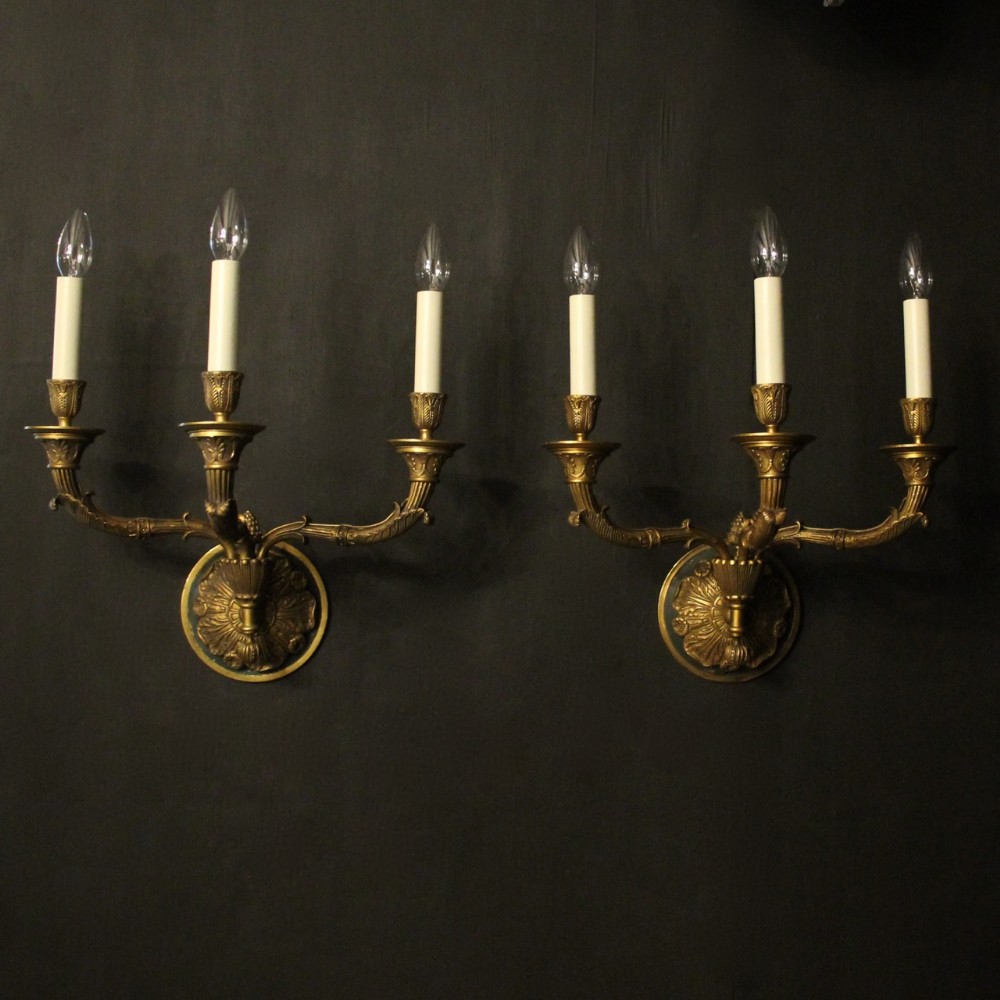 French Pair Of Gilded Bronze Empire Antique Wall Lights