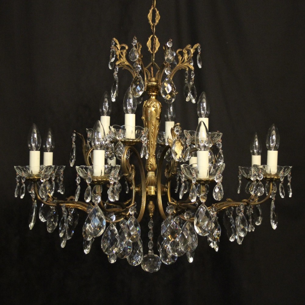 Italian Pair Of Gilded & Crystal 12 Light Antique Chandeliers