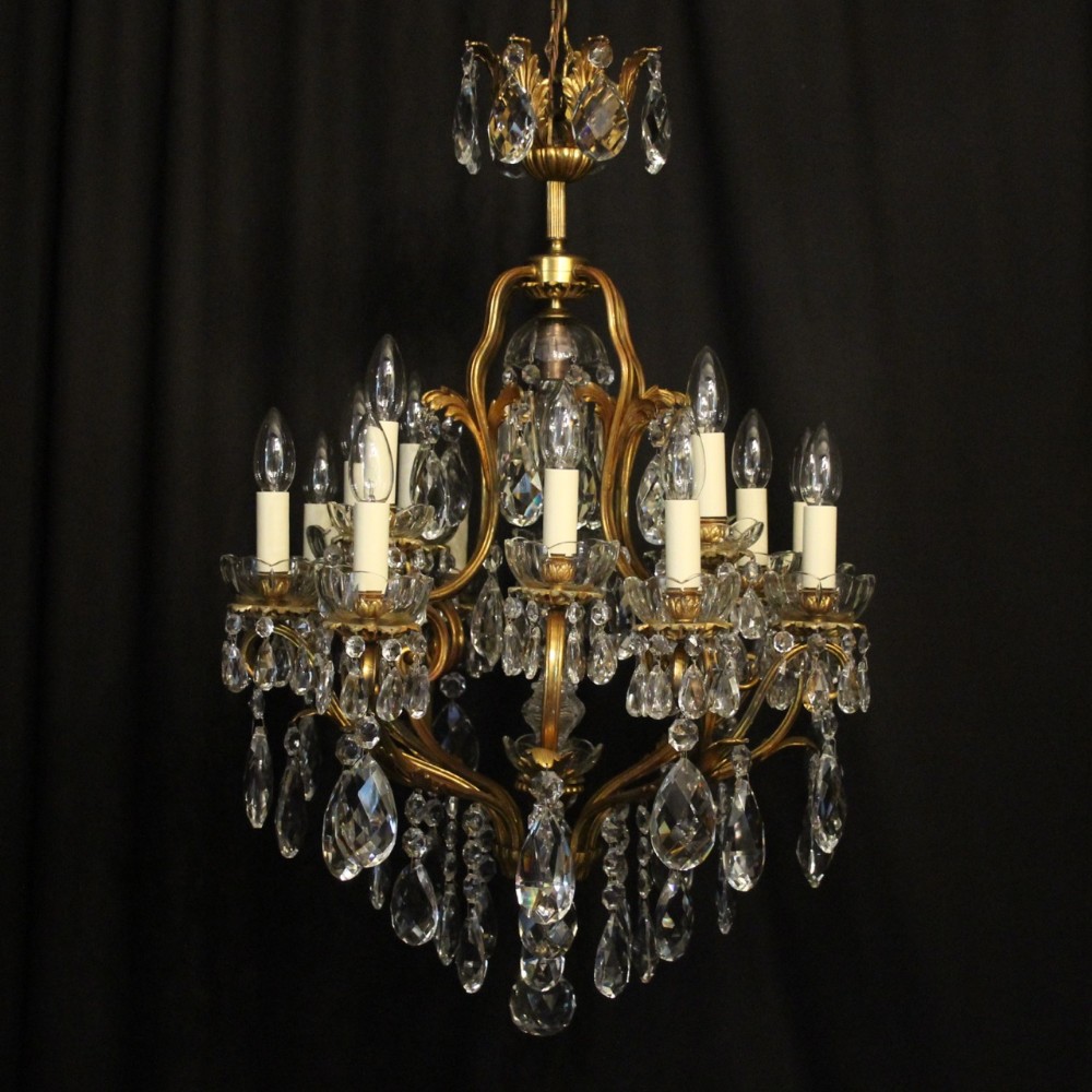 French Gilded Bronze & Crystal 17 Light Antique Chandelier