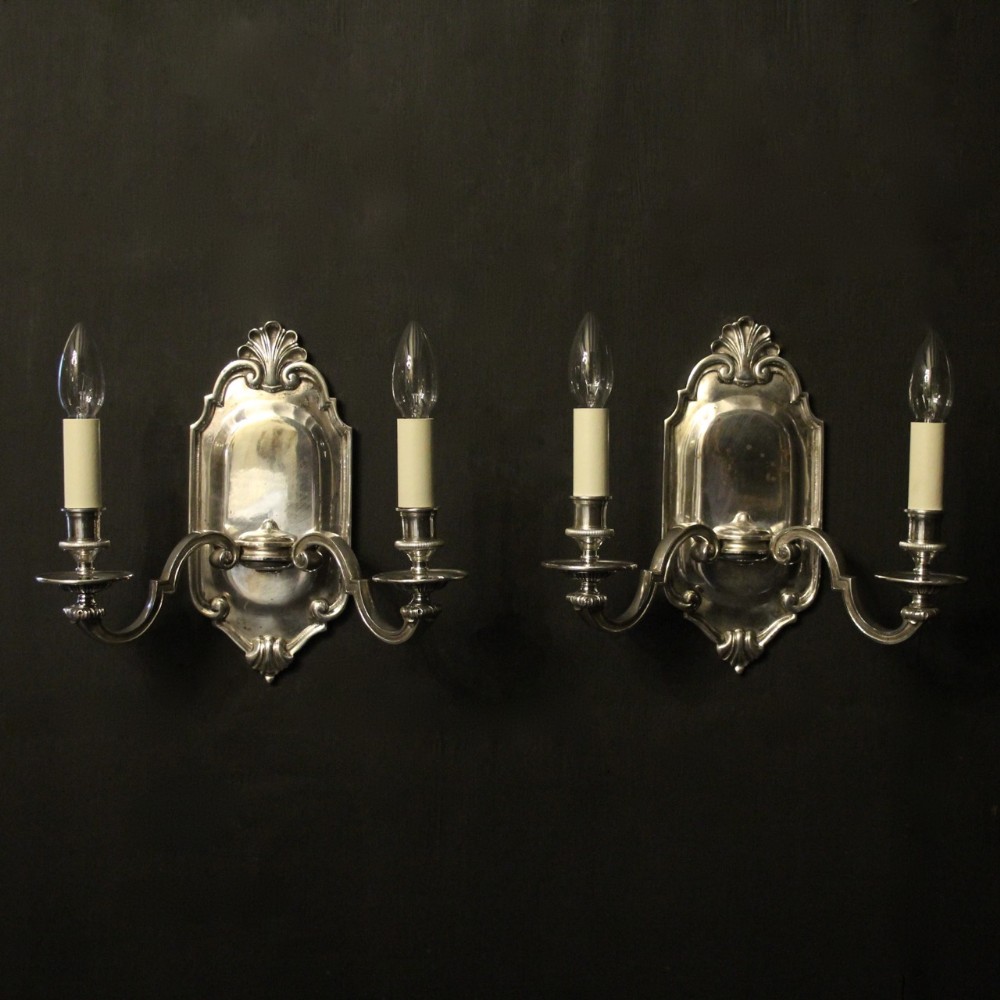 English Pair Of Silver Plated Twin Arm Antique Wall Lights