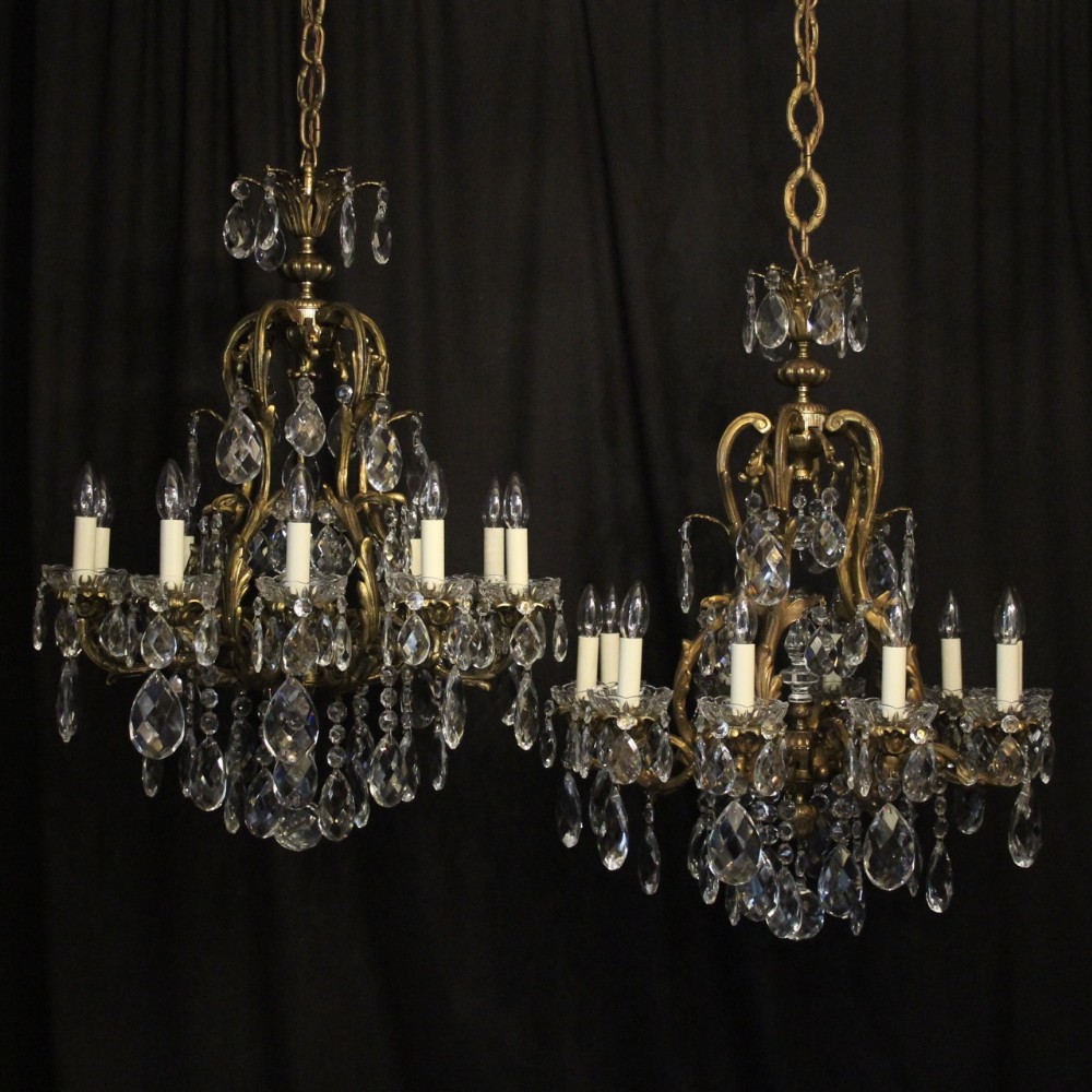 French Pair Gilded Bronze & Crystal 10 Light Antique Chandeliers