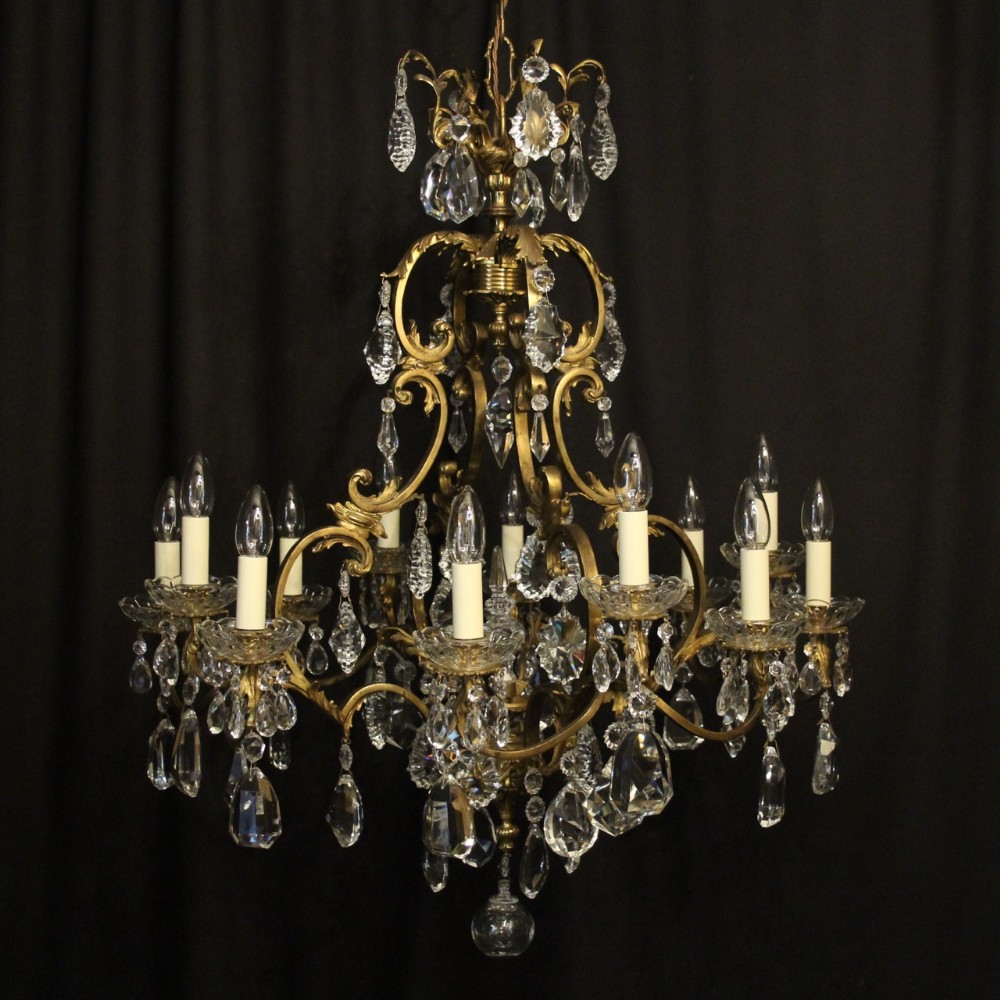 French Gilded Bronze & Crystal 12 Light Antique Chandelier