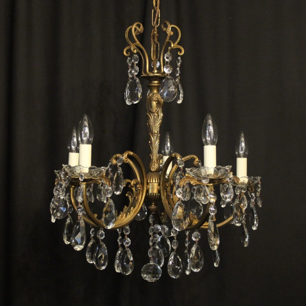 Italian Gilded Brass & Crystal 5 Light Antique Chandelier