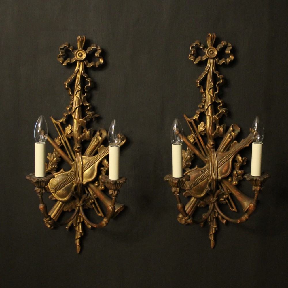 Italian Giltwood Pair Of Twin Arm Musical Wall Lights