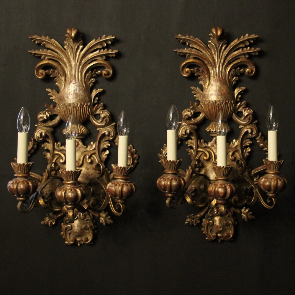 Florentine Polychrome Pair Of Triple Arm Antique Wall Lights