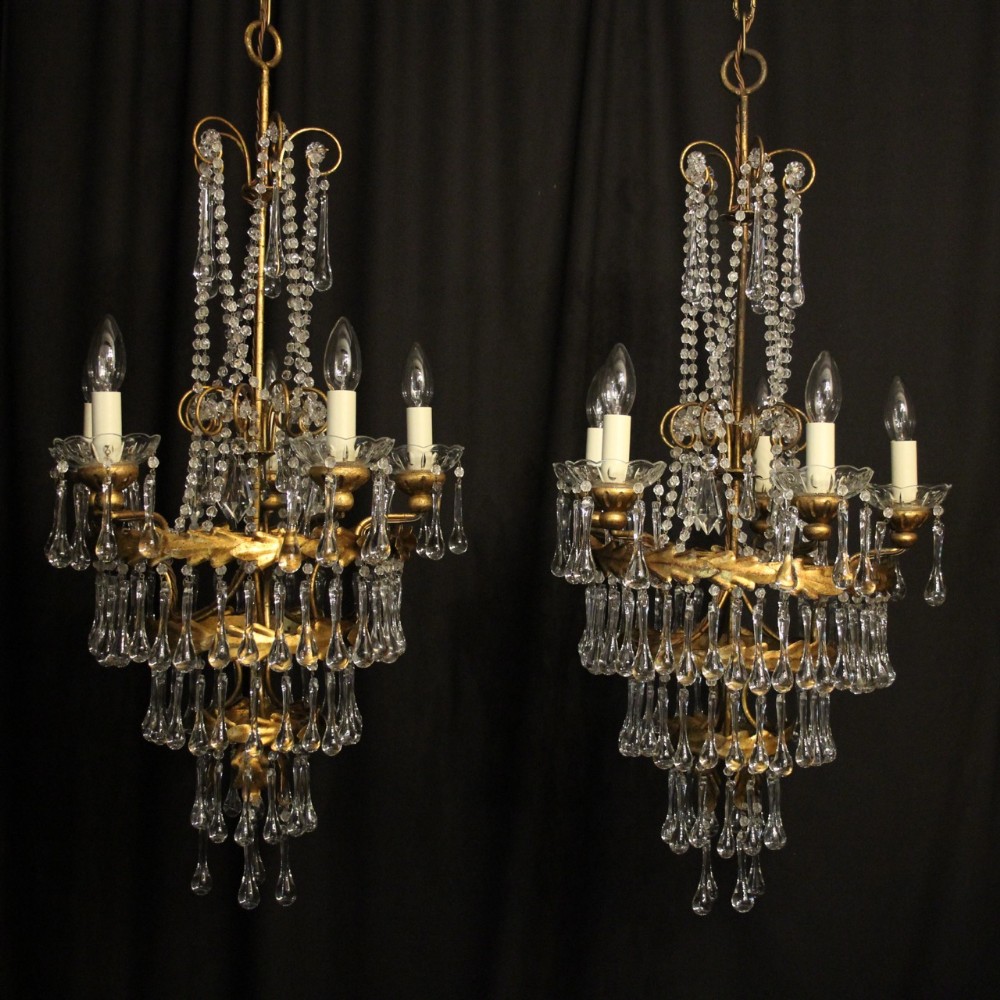 Italian Florentine Pair Of 5 Light Chandeliers