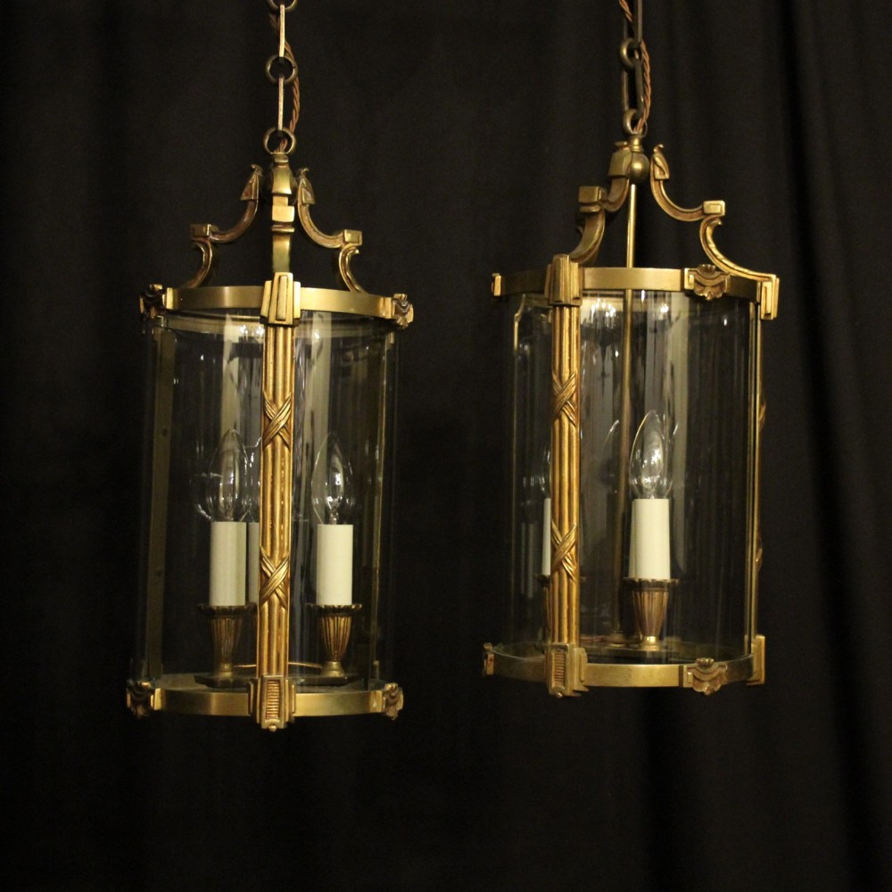 French Pair Of Gilded Bronze Convex Antique Hall Lanterns