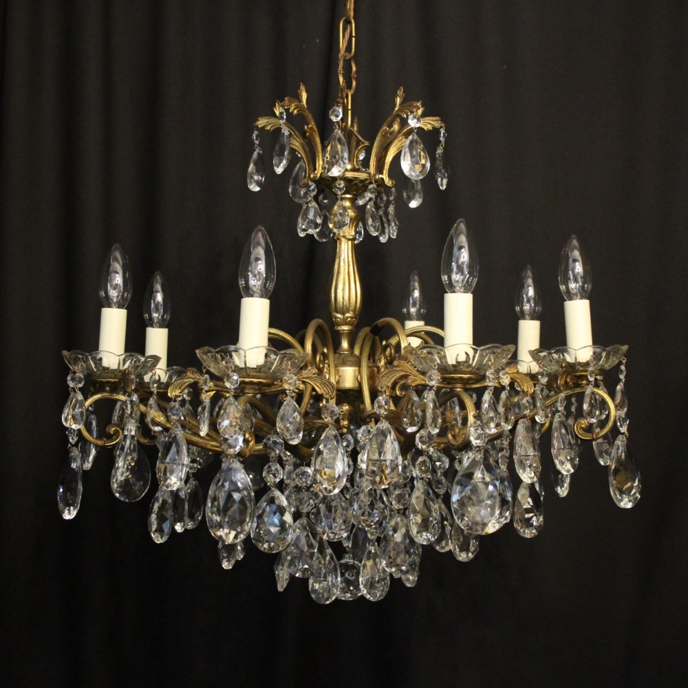 Italian Gilded Brass & Crystal 8 Light Antique Chandelier