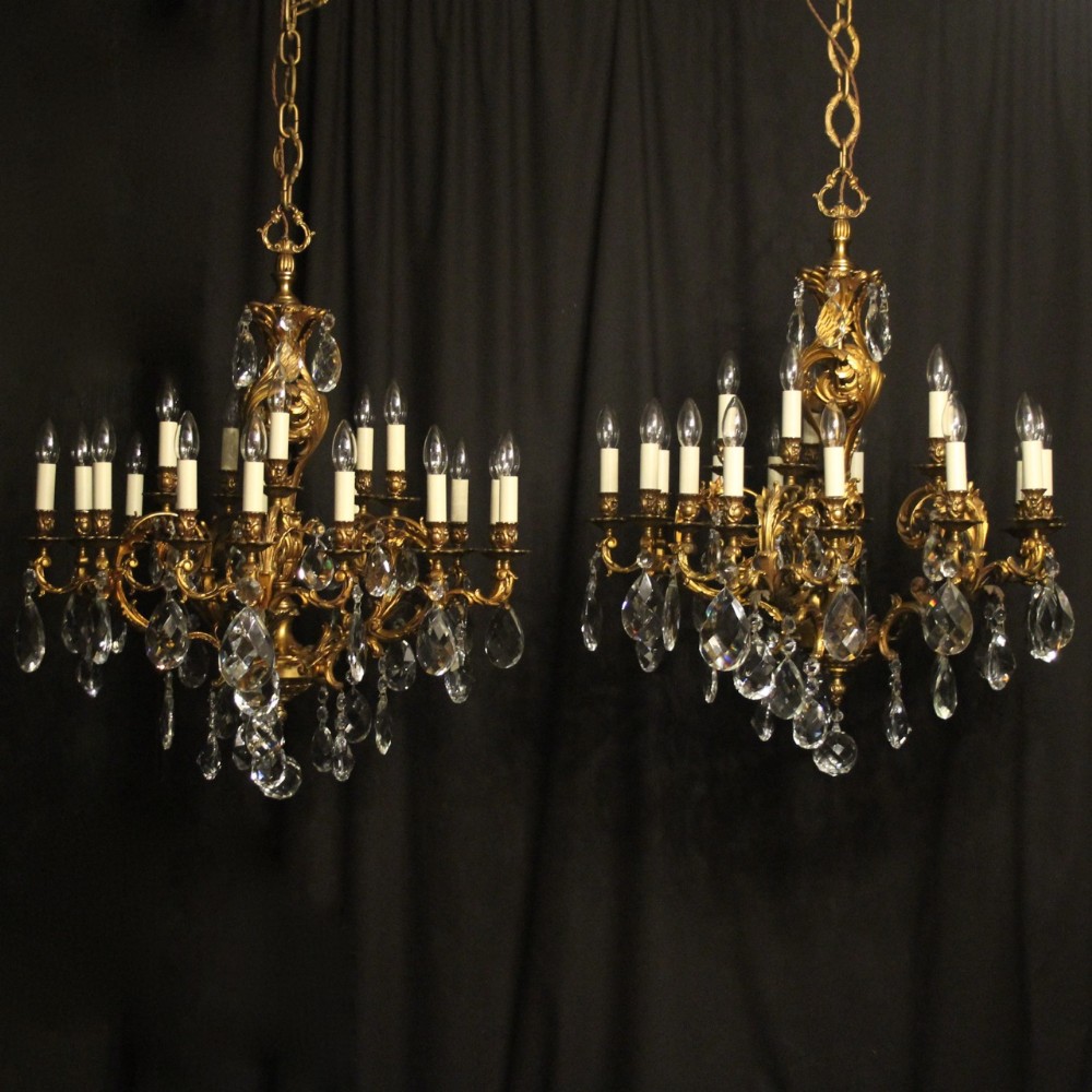 Italian Pair Of Bronze & Crystal 20 Light Antique Chandeliers