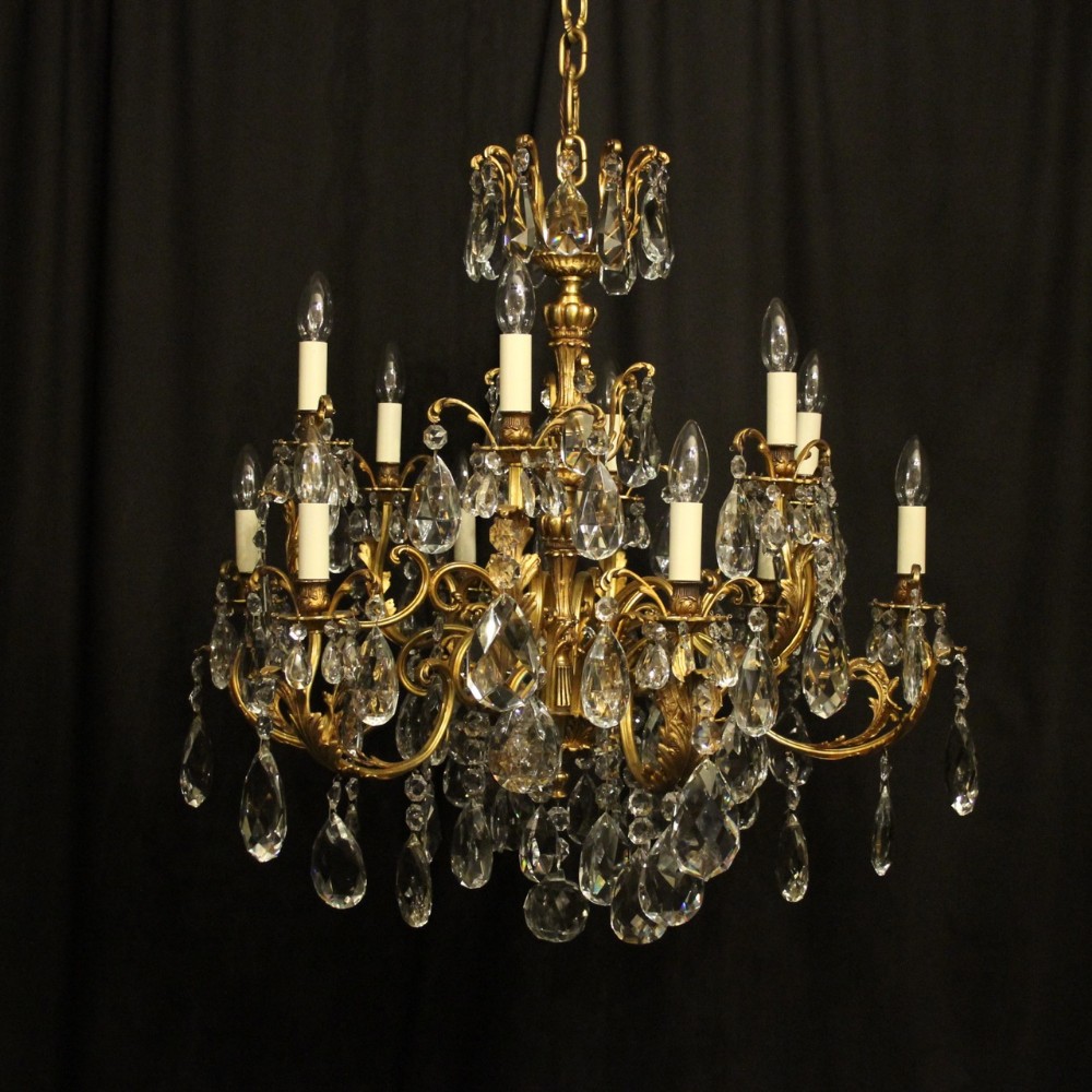 Italian Gilded Bronze & Crystal 12 Light Antique Chandelier
