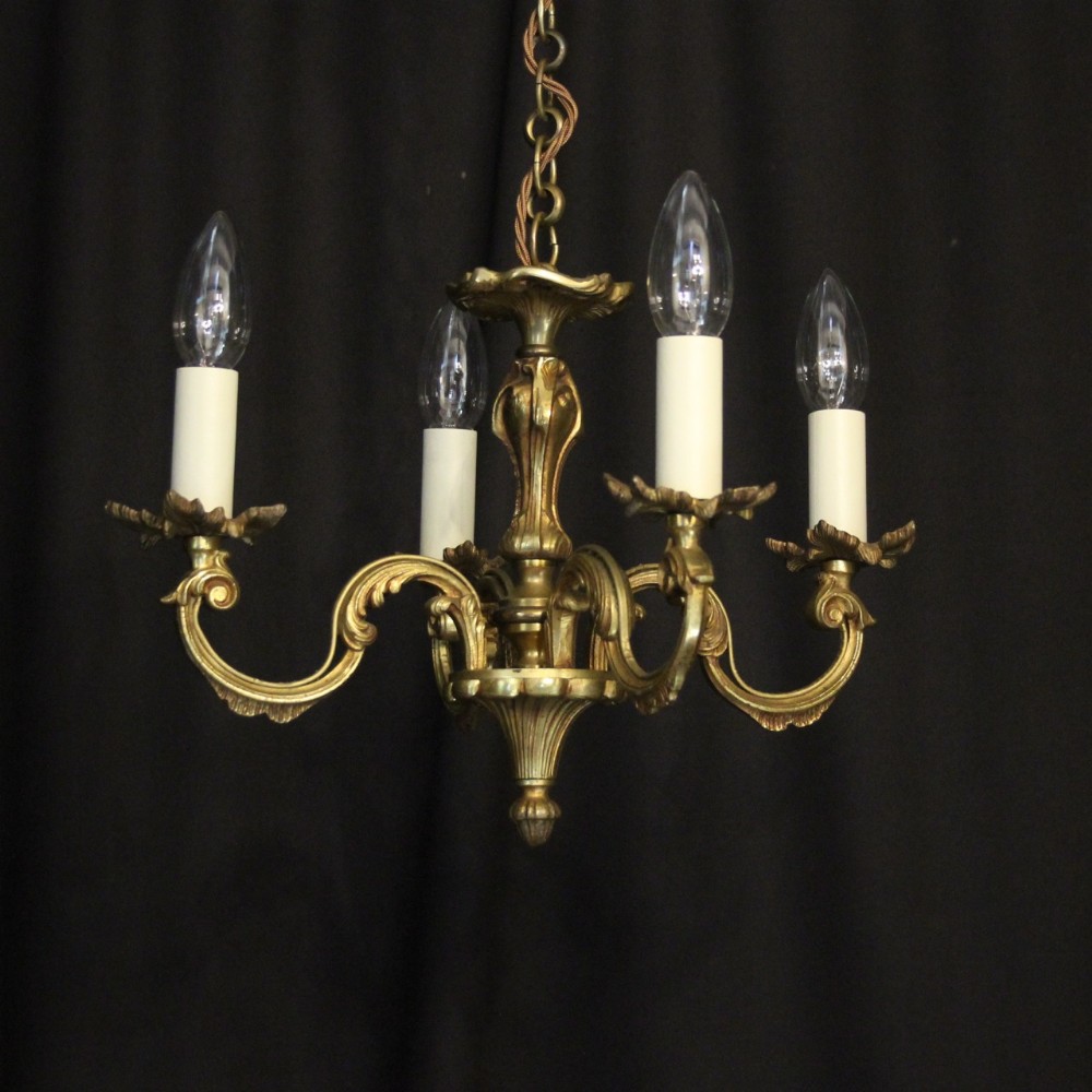French Small Gilded Brass 4 Light Antique Chandelier