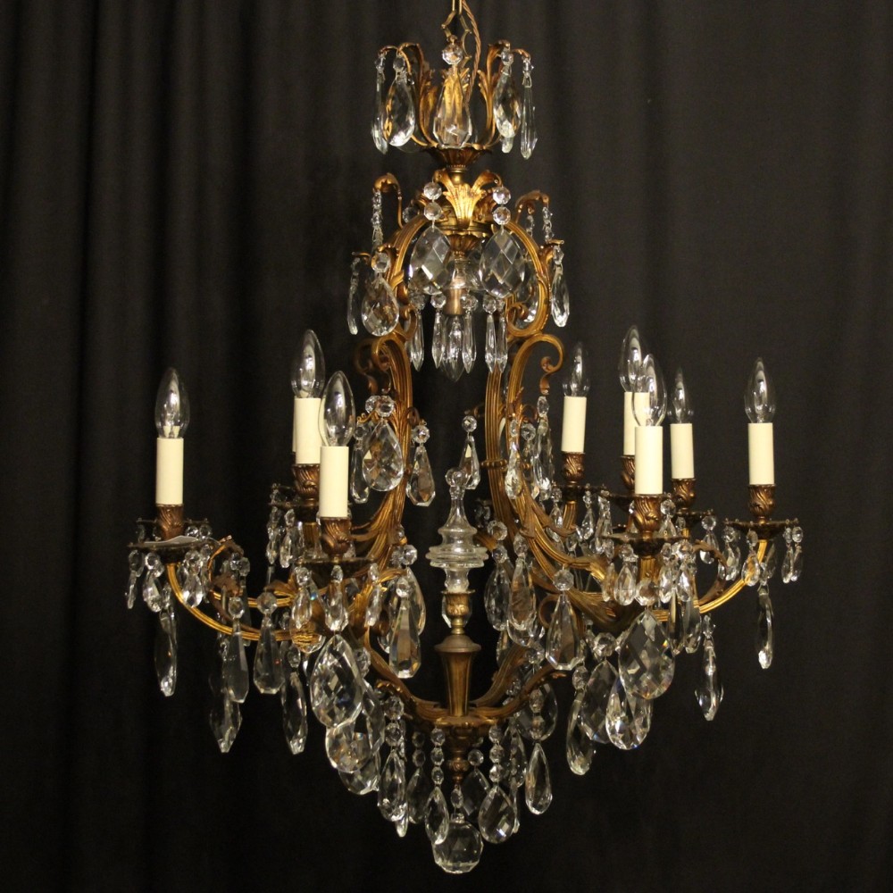 French Gilded Bronze & Crystal 13 Light Birdcage Antique Chandelier