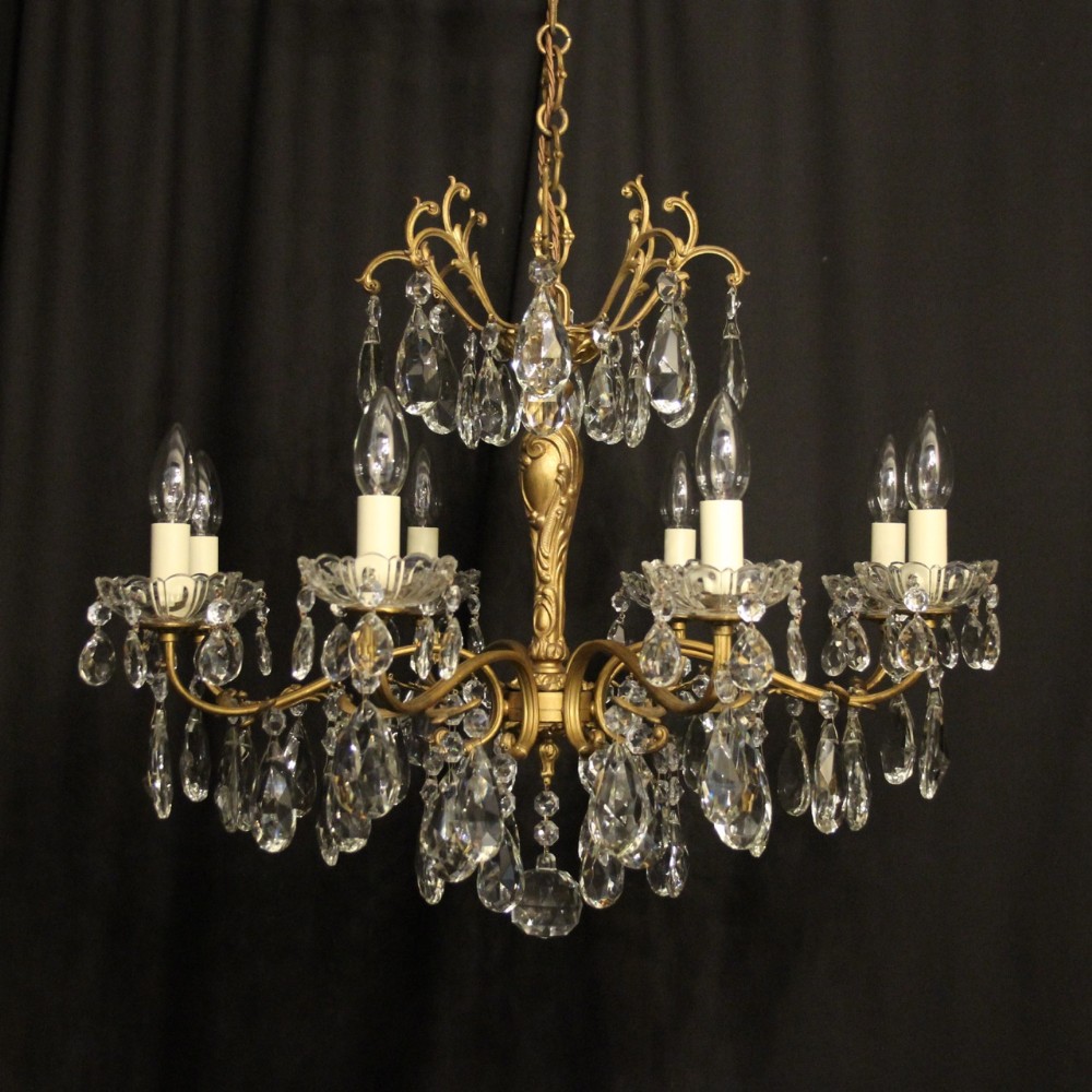 Italian Gilded Brass & Crystal 8 Light Antique Chandelier