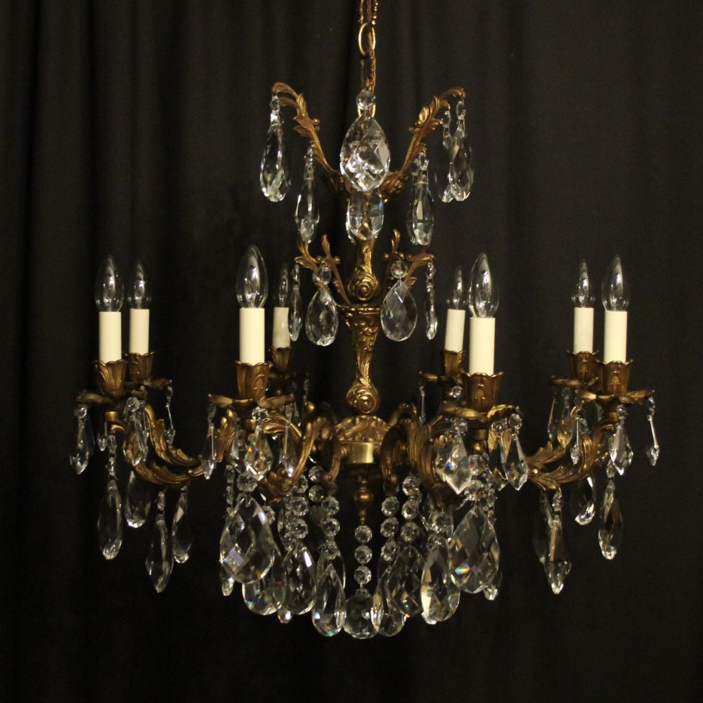 Italian Gilded Brass & Crystal 8 Light Antique Chandelier