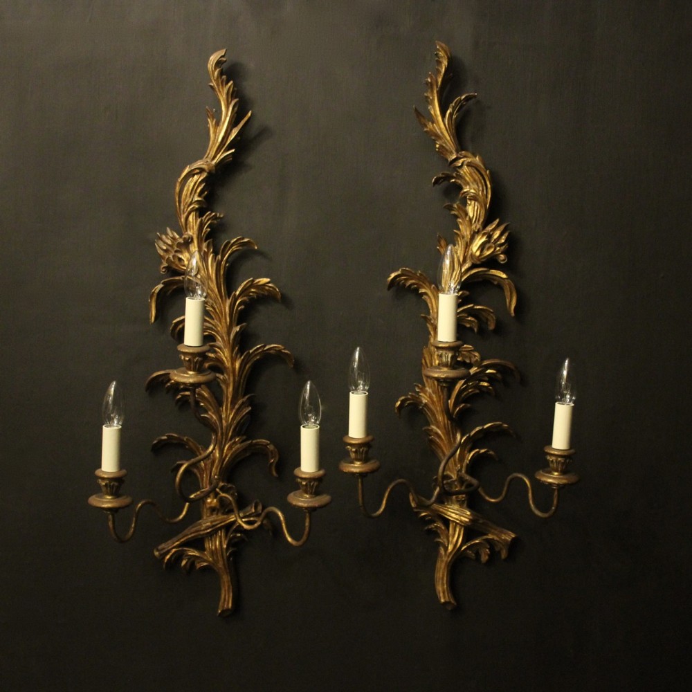 Florentine Large Pair Of Giltwood Leaf Wall Lights