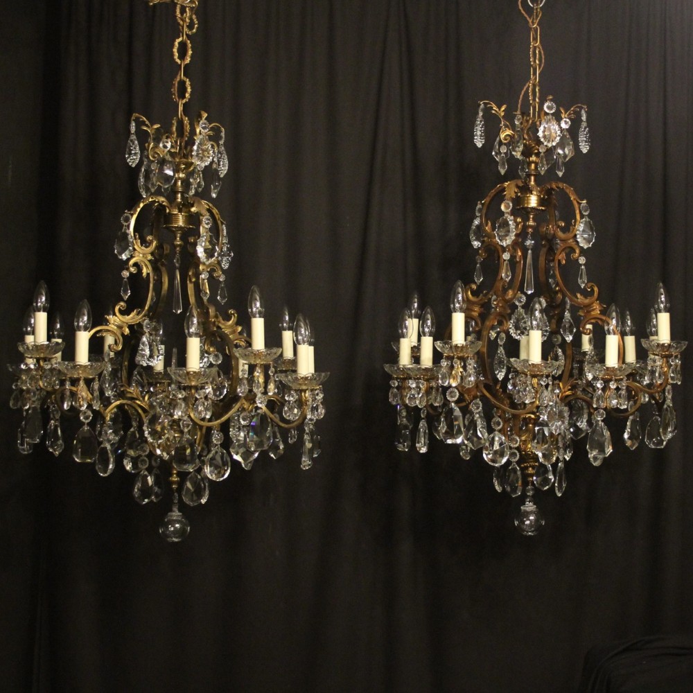 French Pair Gilded Bronze & Crystal 12 Light Antique Chandeliers