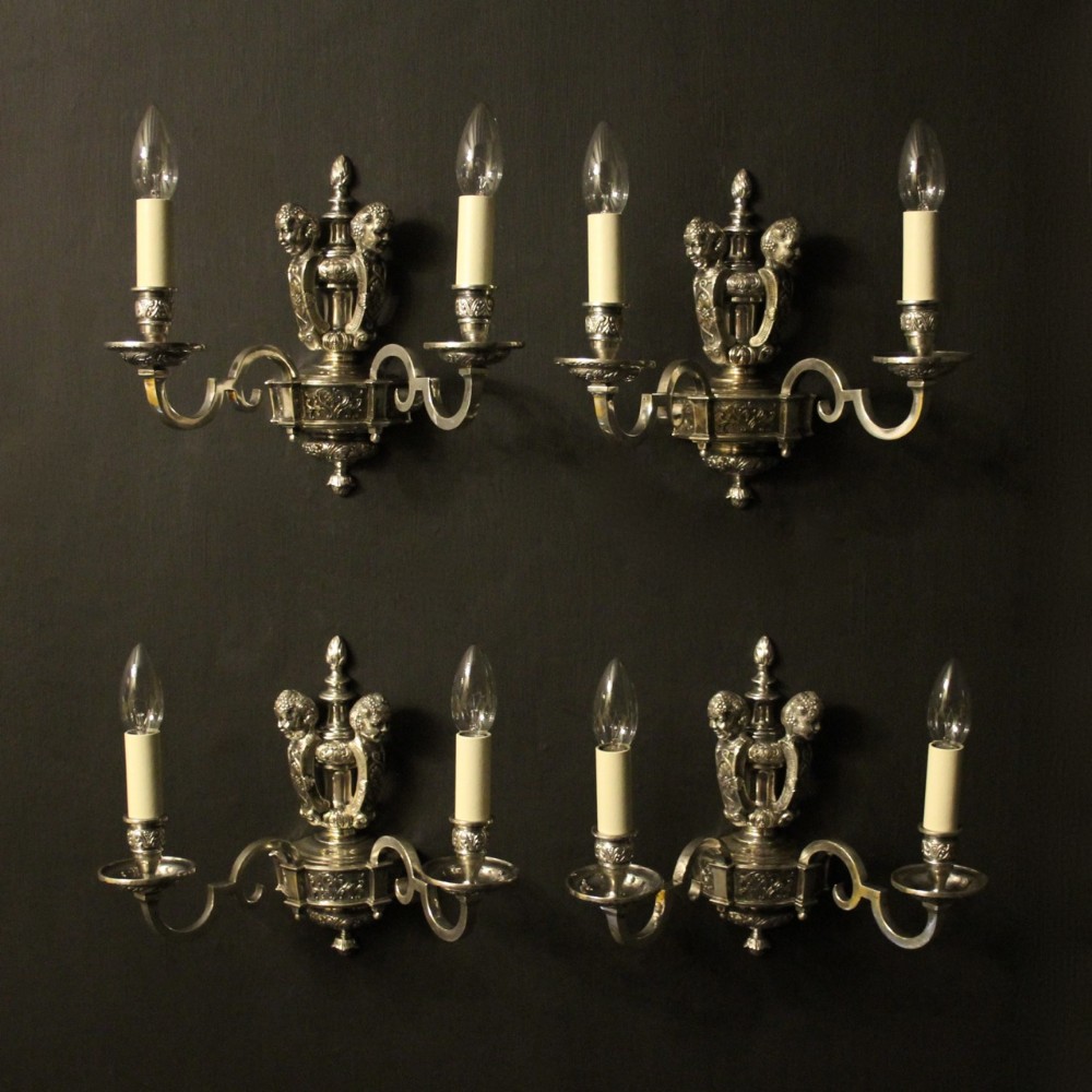 English Set Of 4 Cherub Silver Antique Wall Lights