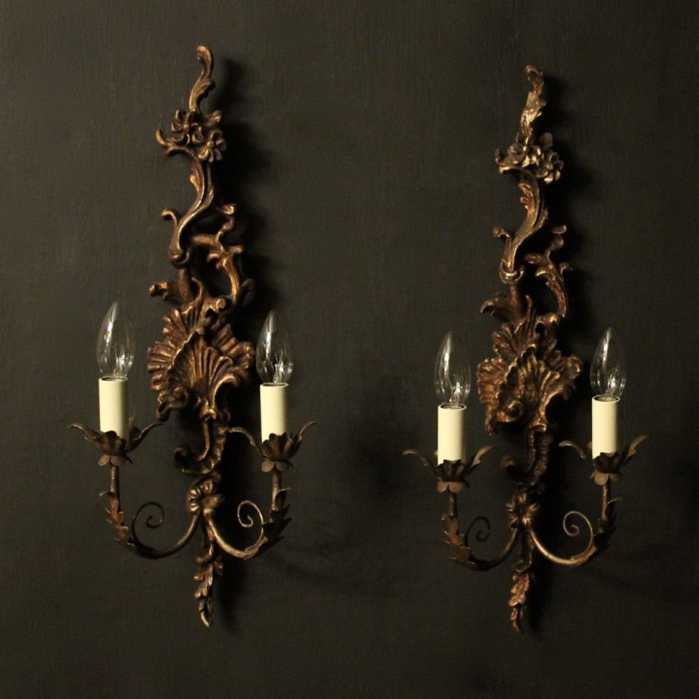 Florentine Giltwood Pair Of Twin Arm Antique Wall Lights