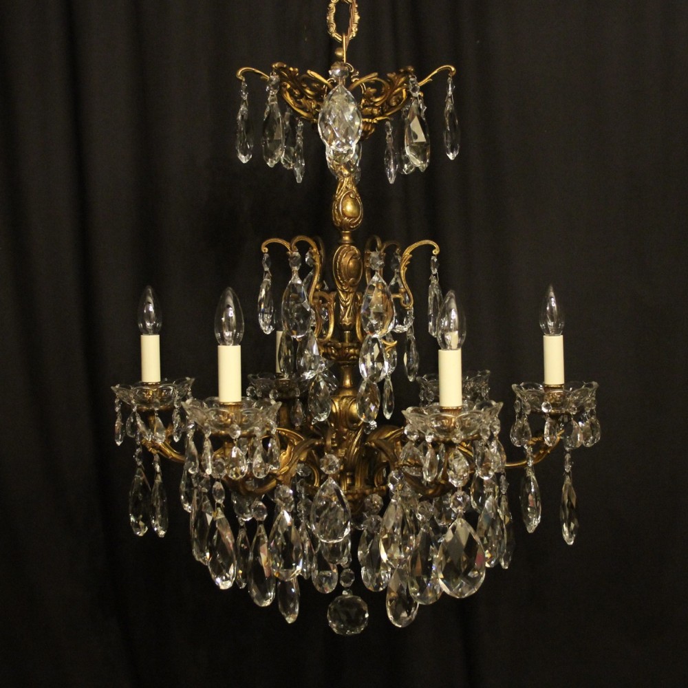 Italian Gilt Bronze & Crystal 6 Light Antique Chandelier