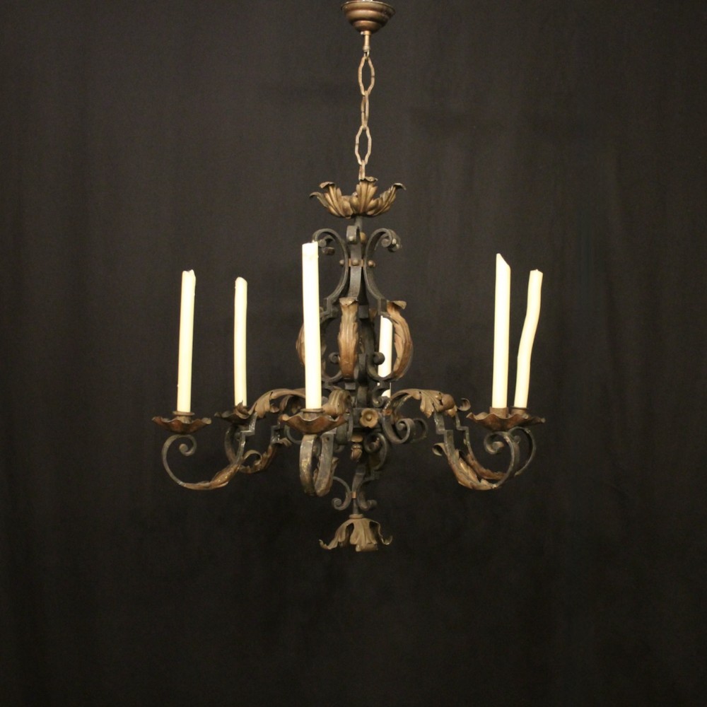 French 6 Light Wrought Iron Candle Antique Chandelier