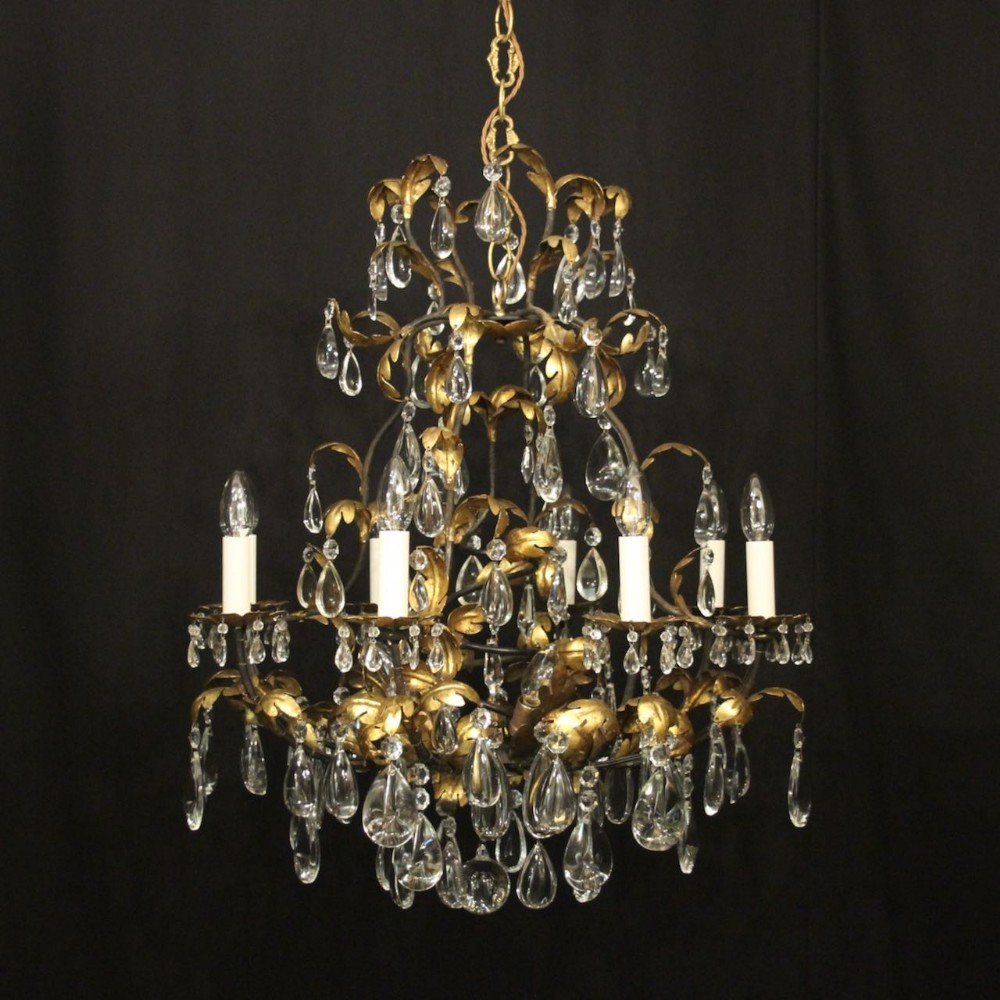 Italian Florentine Gilded Crystal 11 Light Antique Chandelier