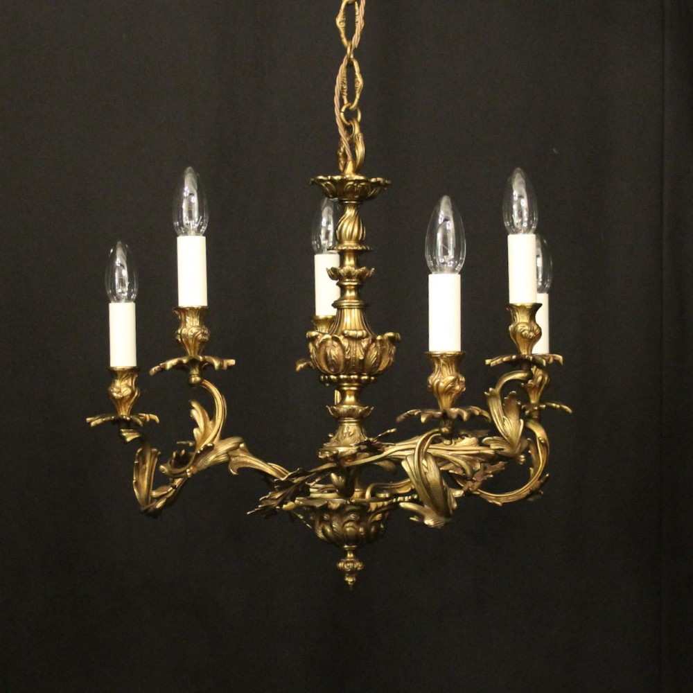 French Gilded Brass 6 Light Antique Chandelier
